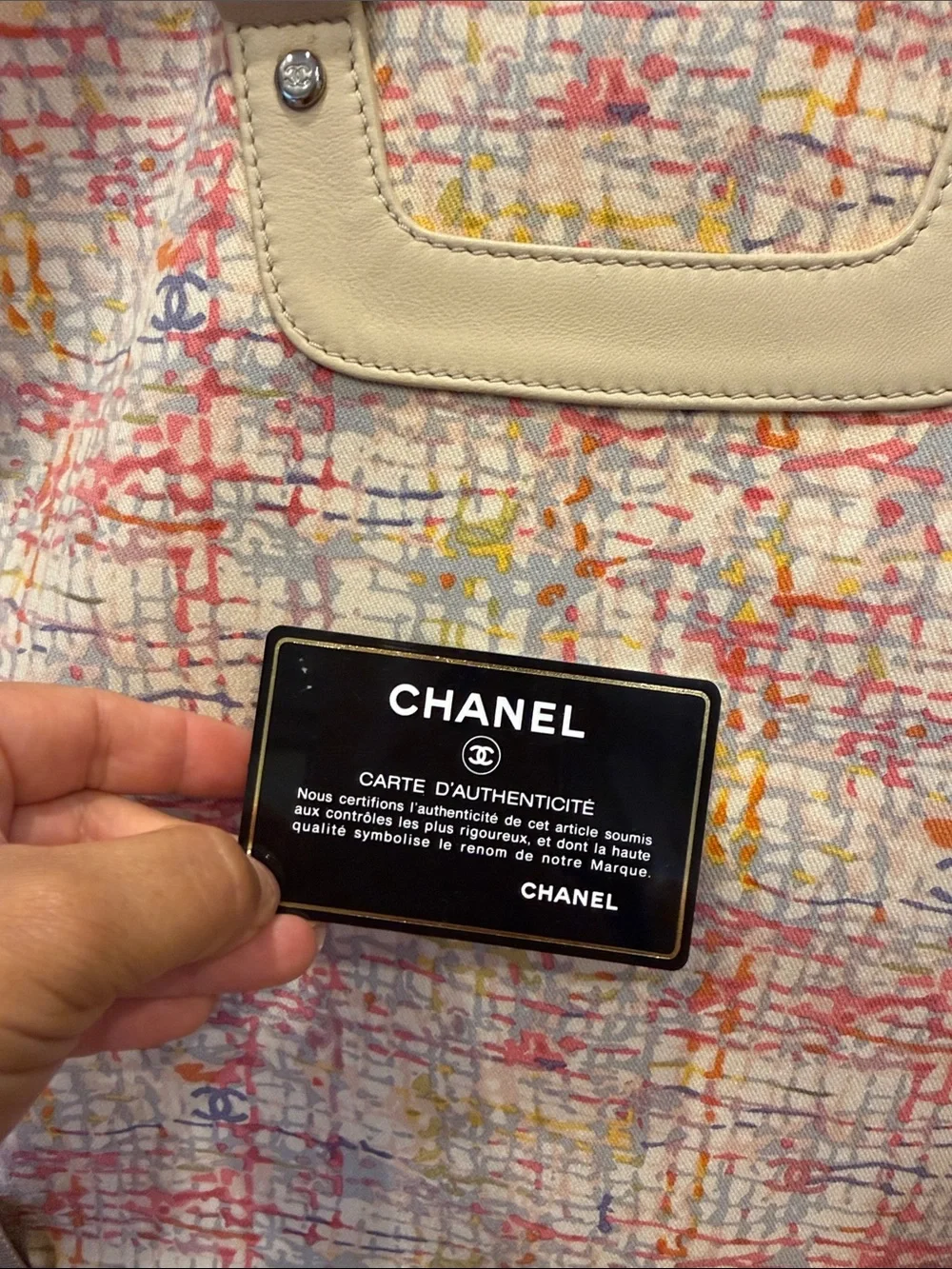 CHANEL Multicolor Printed Canvas Tote with Cream Leather Trim and Strap